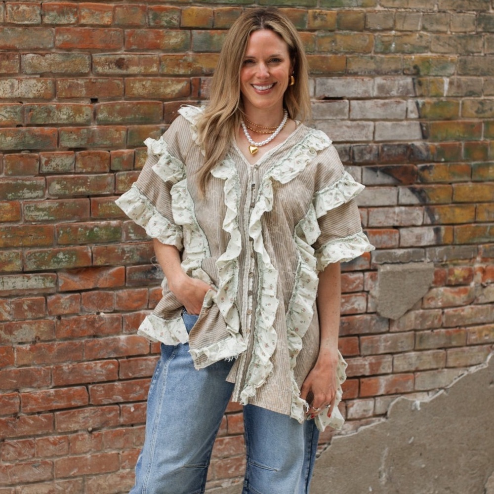 Oli & Hali Ruffle Trim Button Down Stripe & Floral Top - Picture 3 of 8